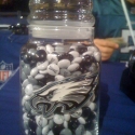 On each draft table is a jar filled with custom team printed M&Ms