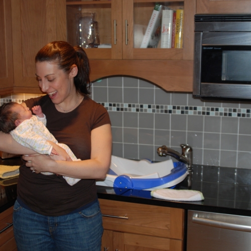 Mommy gets her ready for the cleaning!