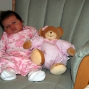 Sara and her pink bear make a good pair