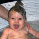 In the bath, with her stylish mohawk!