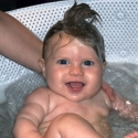 In the bath, with her stylish mohawk!