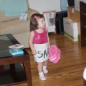 Wearing her new construction apron